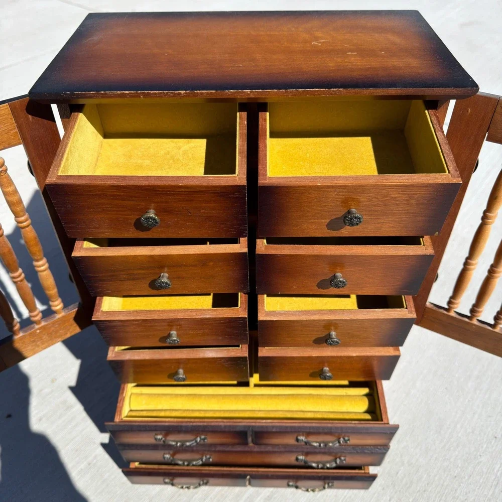 Vintage Made in Japan Wood Jewelry Armoire Spindle Door Tabletop Chest 11 Drawer